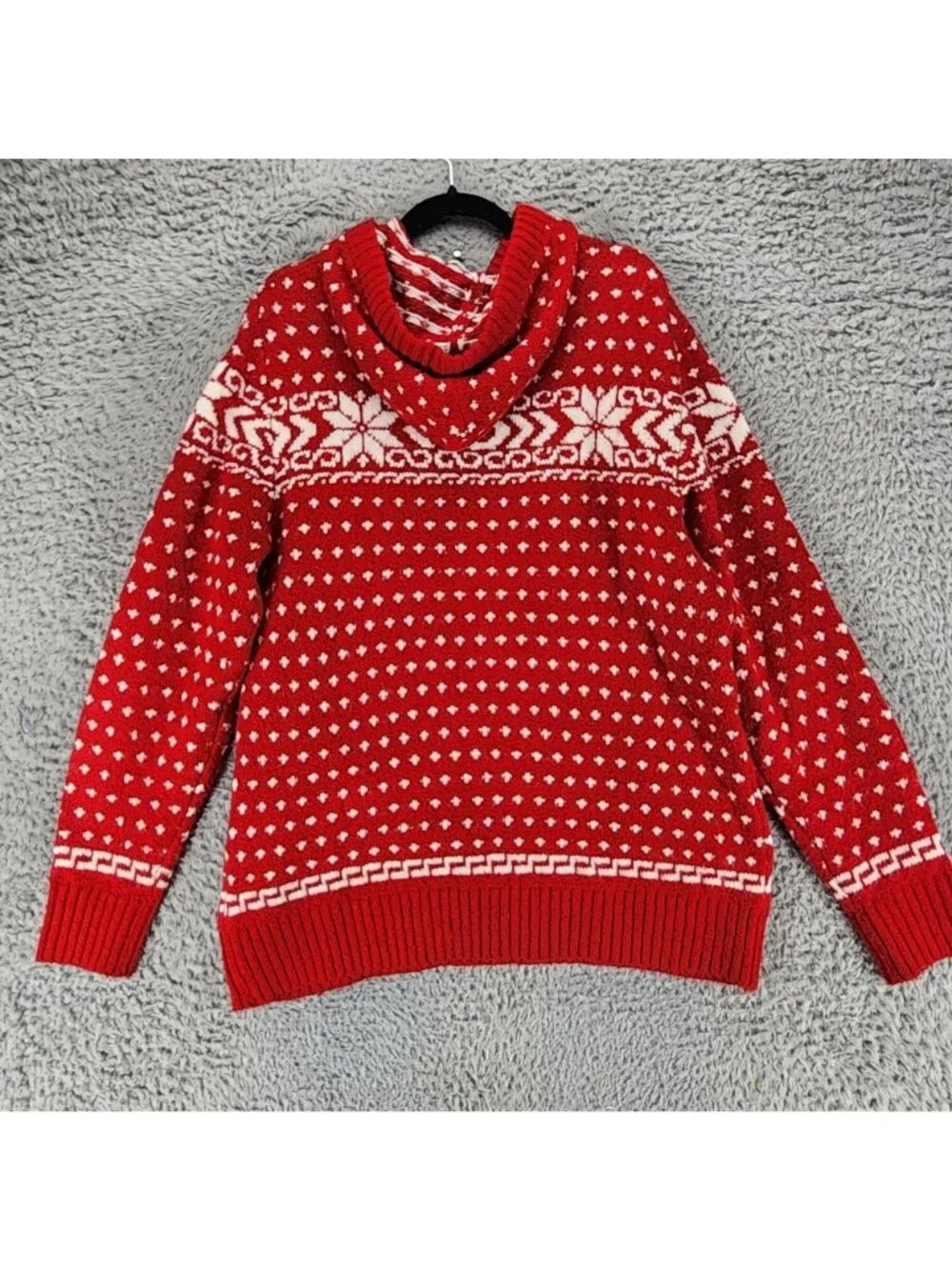 AEO Sweater Mens Large Red Nordic Fair Isle Snowflake Hoodie